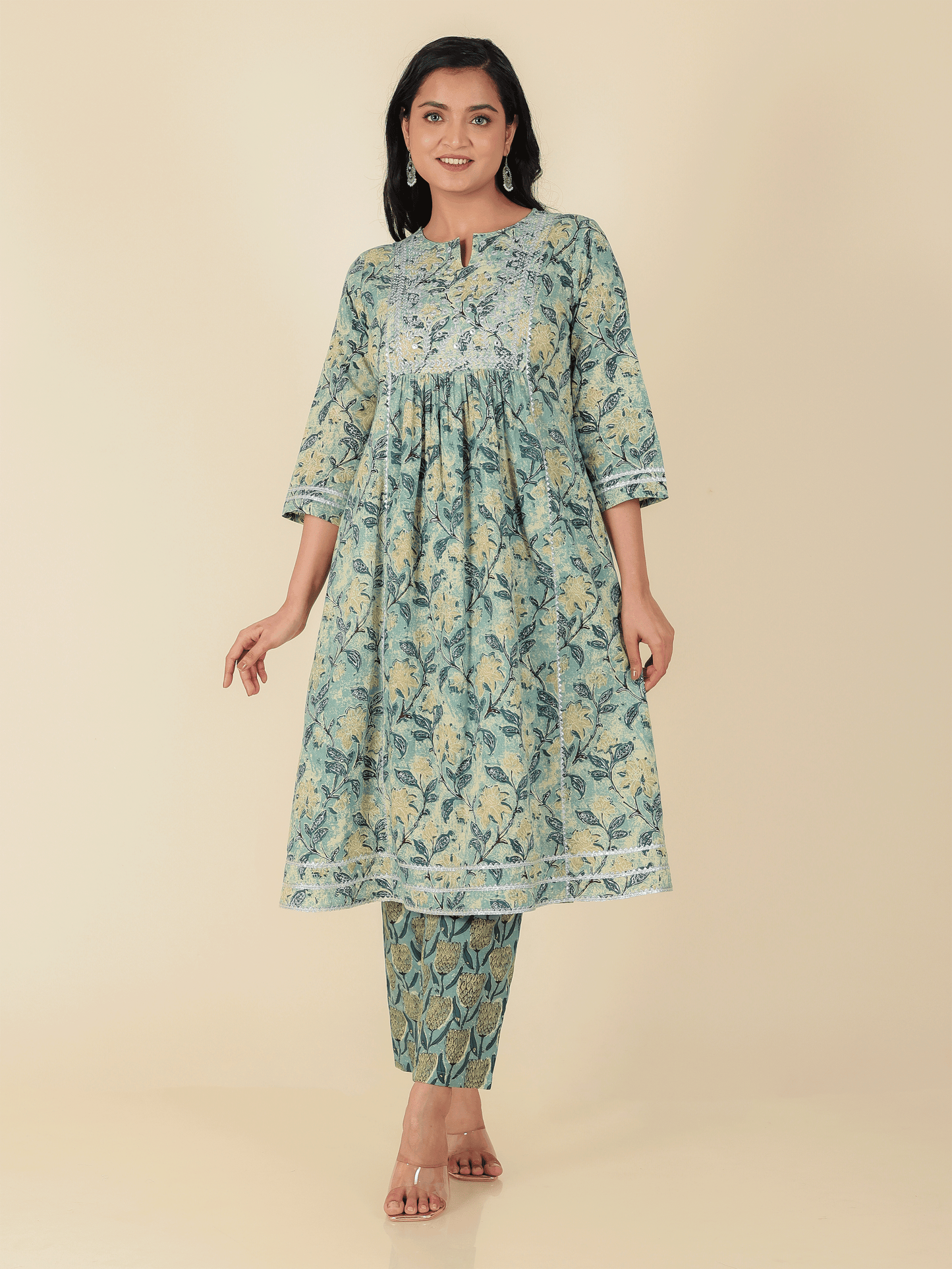 Soft Cotton Floral Panelled Green Kurta