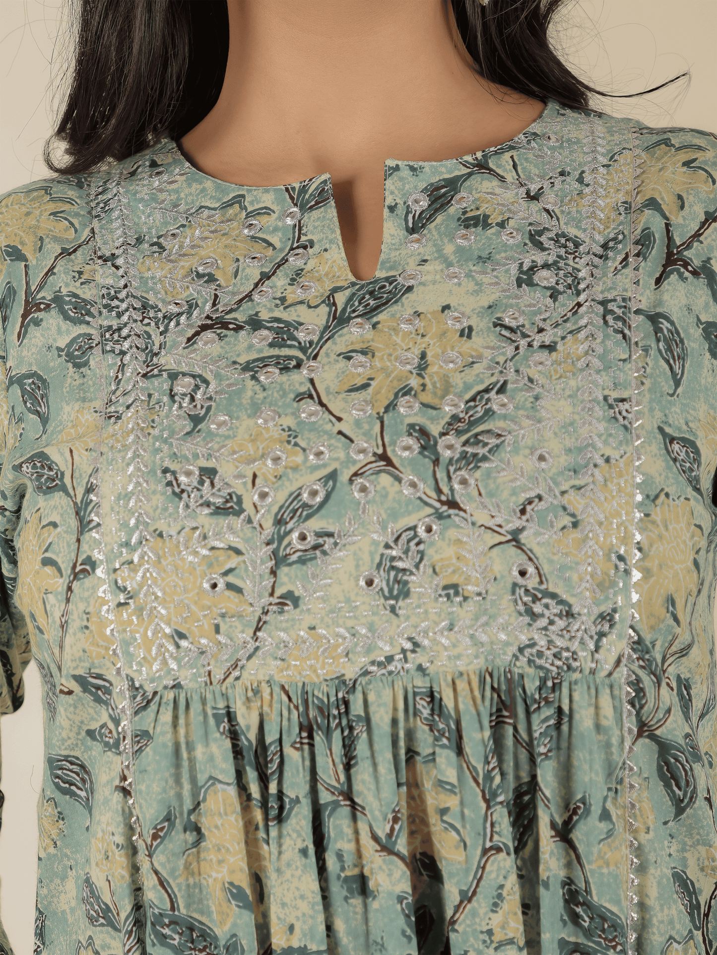 Soft Cotton Floral Panelled Green Kurta