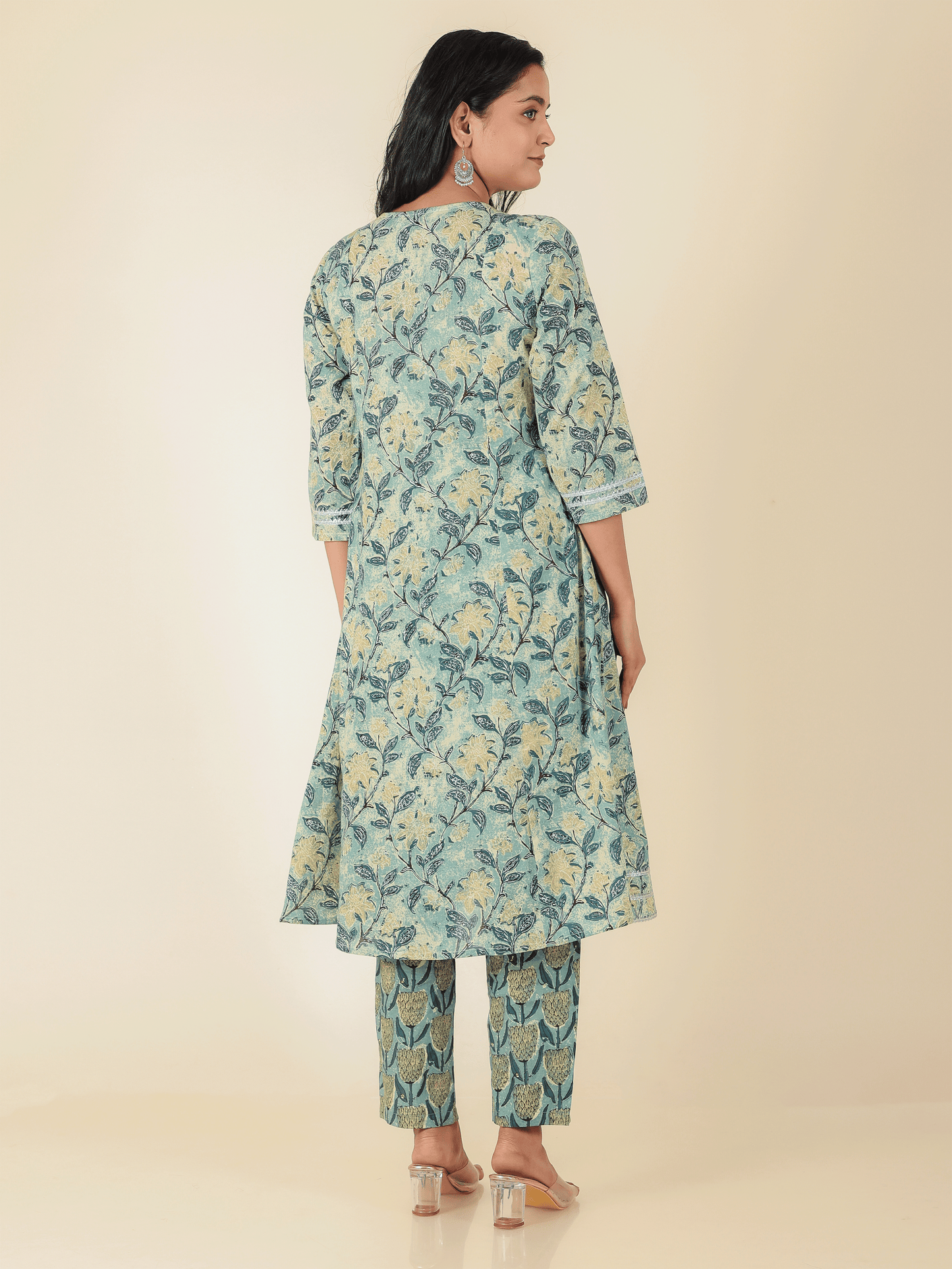 Soft Cotton Floral Panelled Green Kurta
