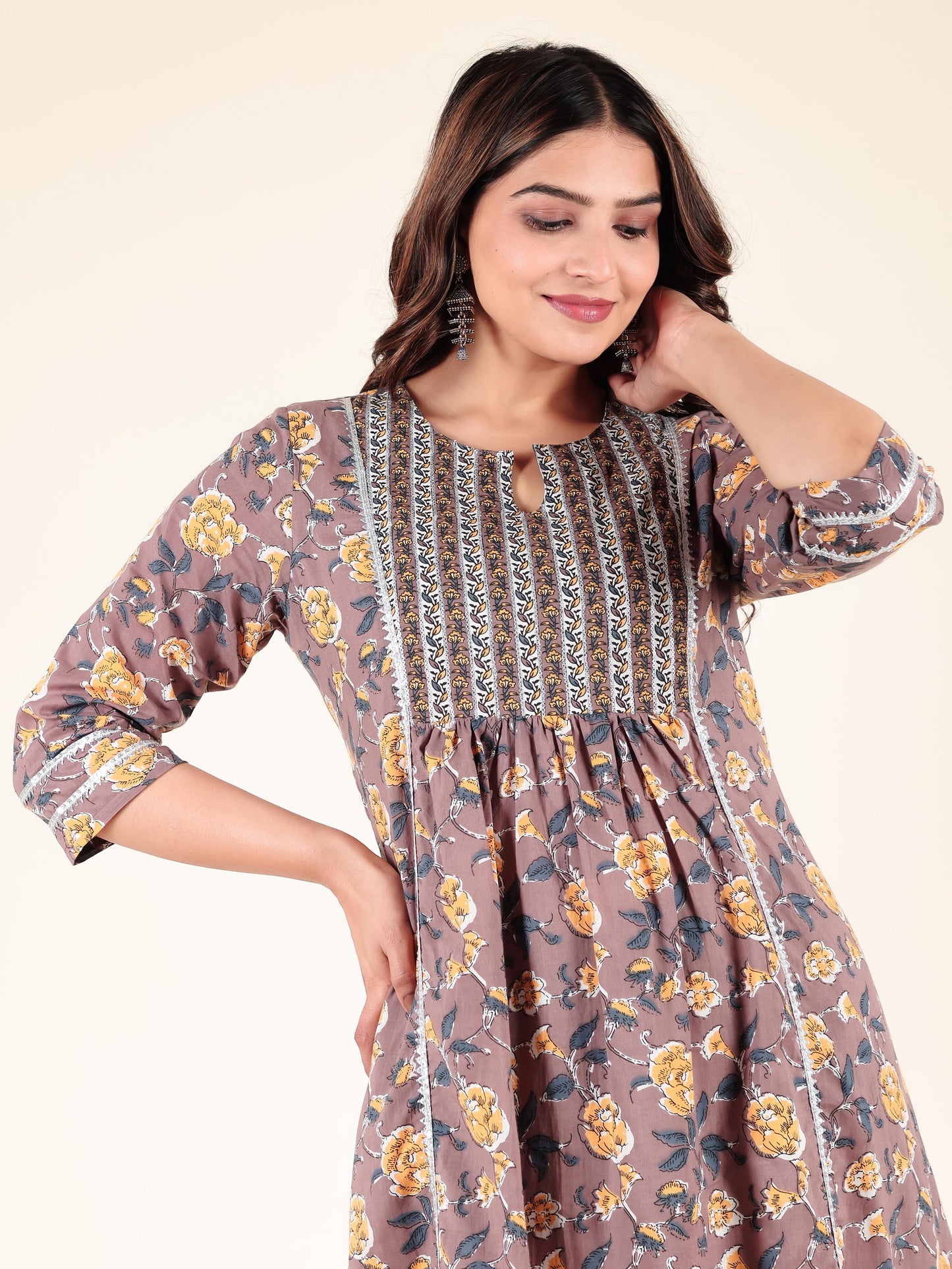 Soft Cotton Floral Panelled Brown Kurta