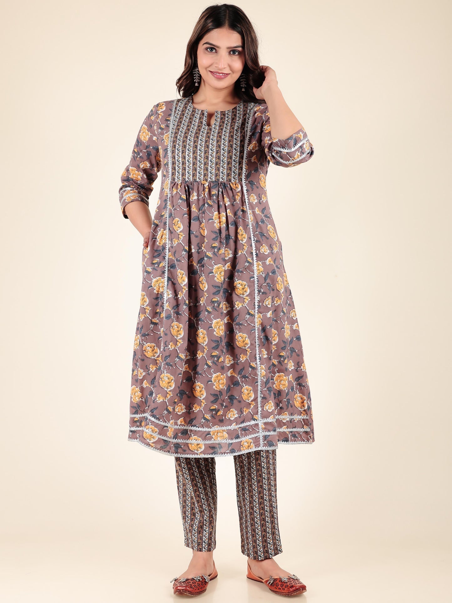 Soft Cotton Floral Panelled Brown Kurta