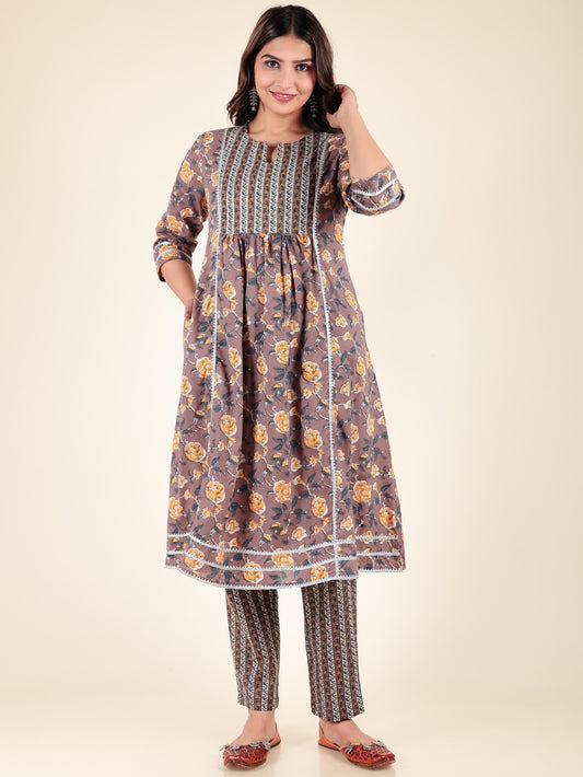 Soft Cotton Floral Panelled Brown Kurta