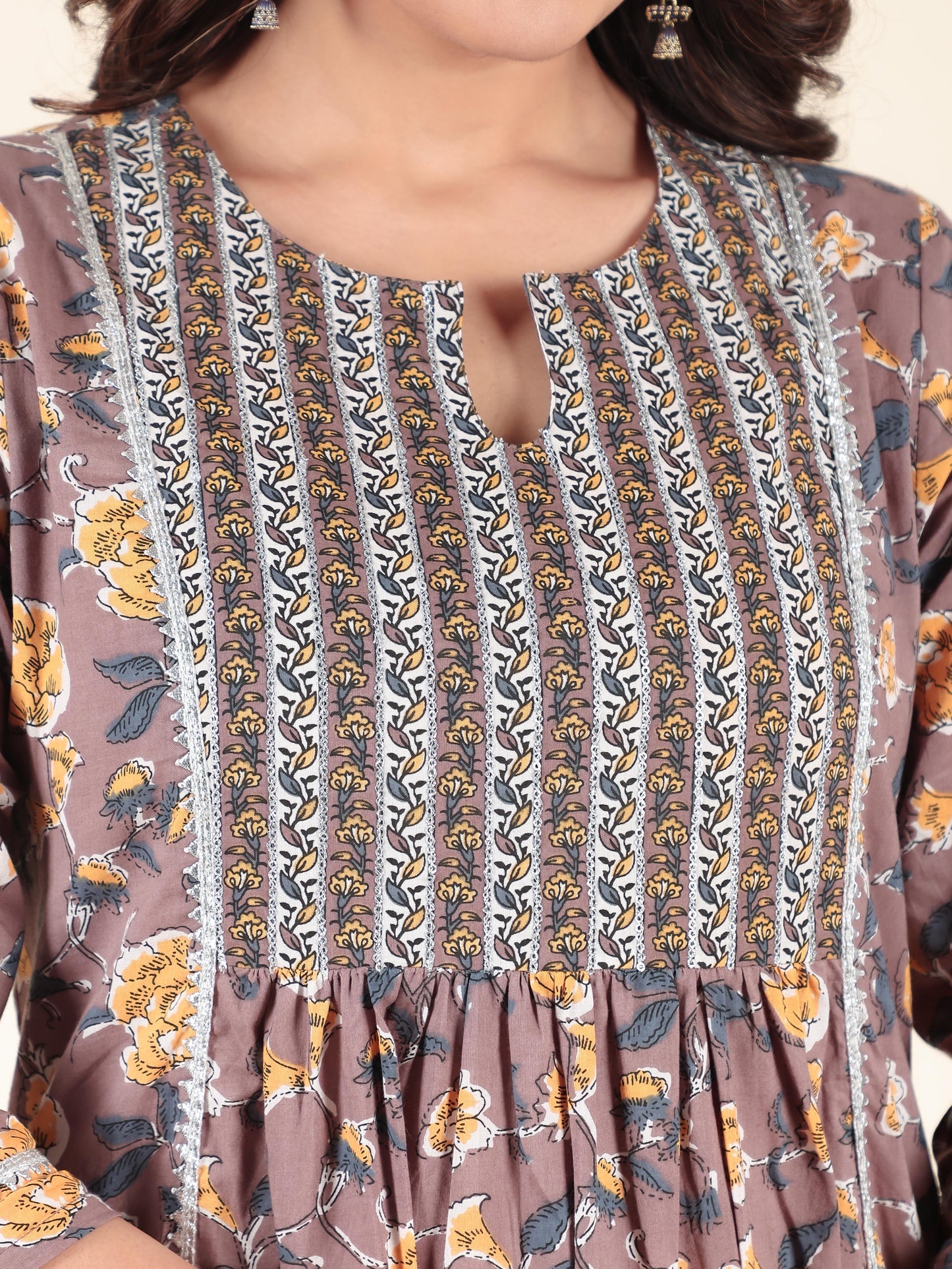 Soft Cotton Floral Panelled Brown Kurta