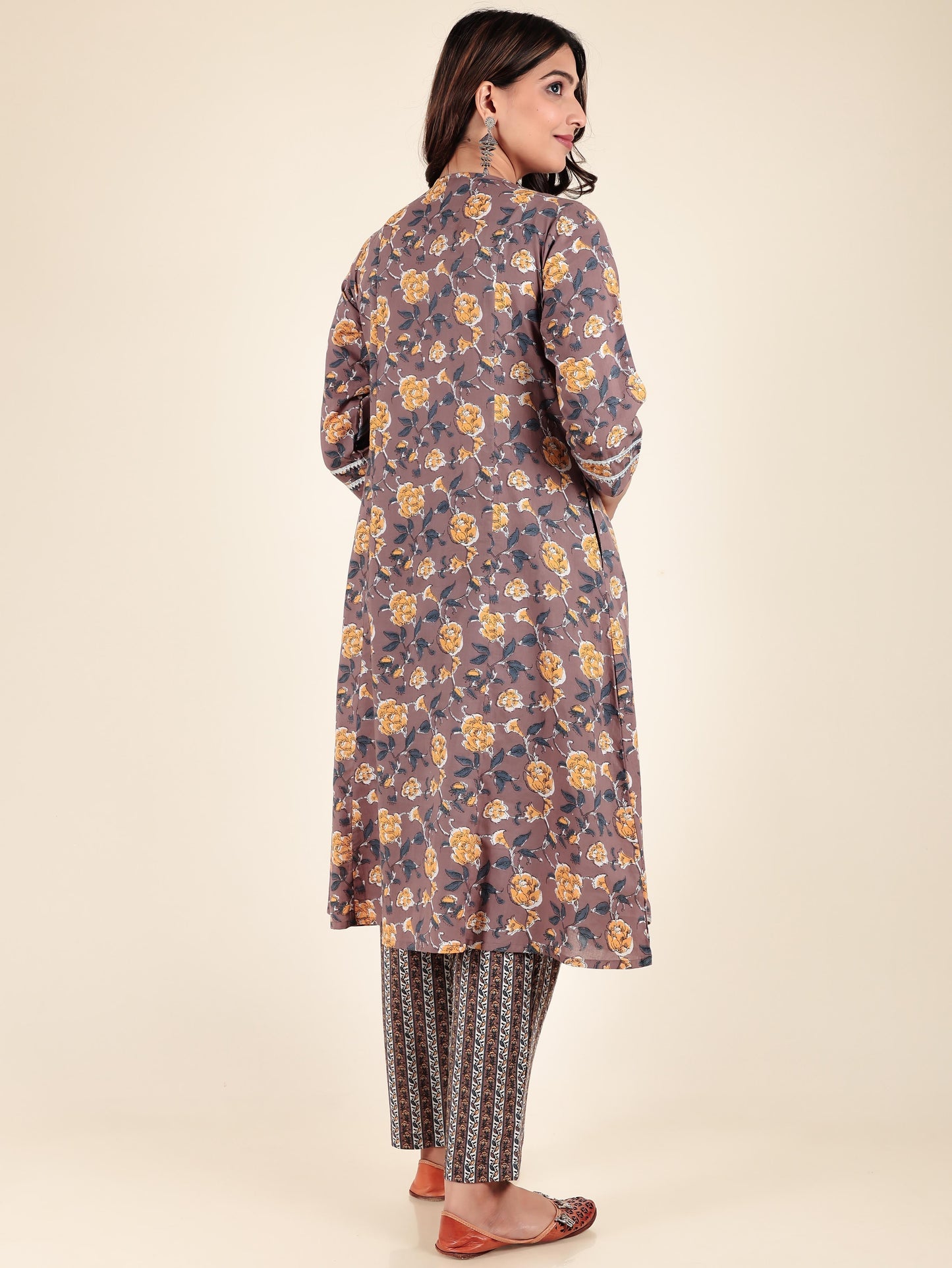 Soft Cotton Floral Panelled Brown Kurta