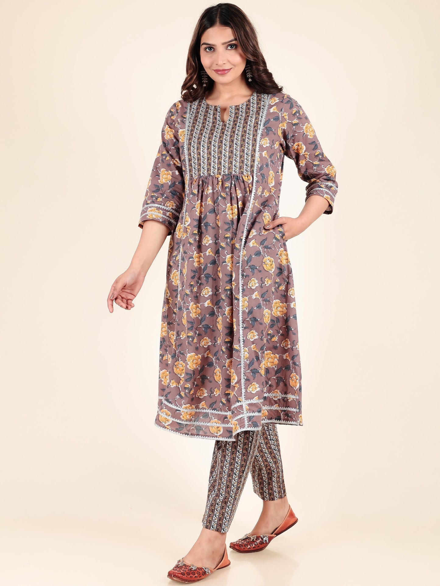 Soft Cotton Floral Panelled Brown Kurta