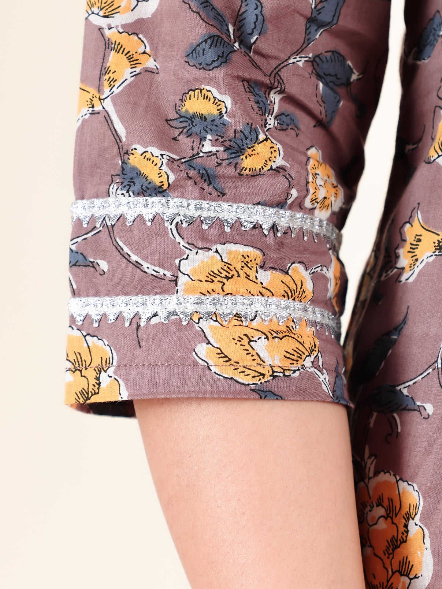 Soft Cotton Floral Panelled Brown Kurta