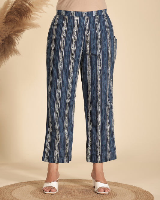 Soft Cotton Striped Indigo Blue Straight Trousers