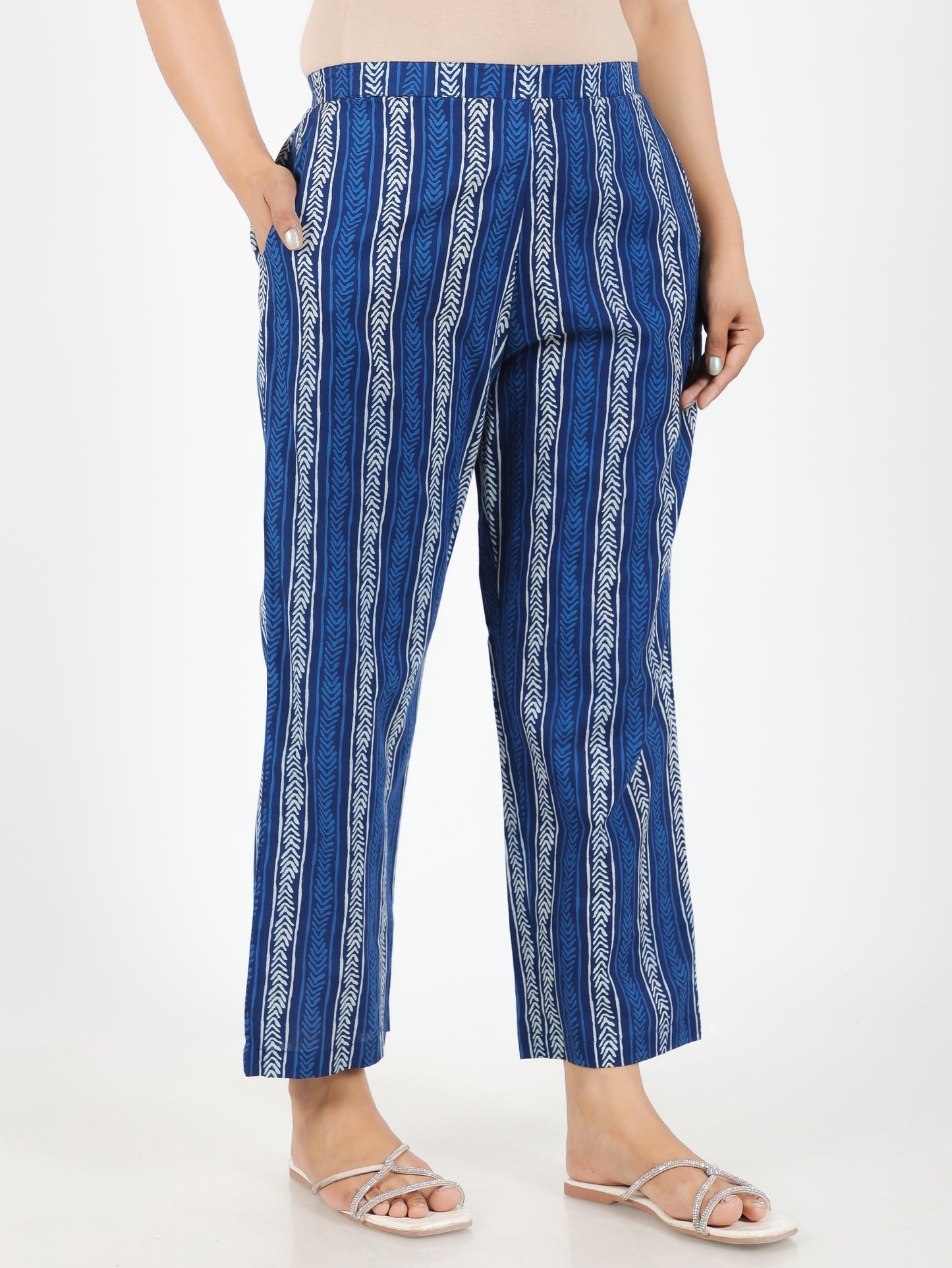 Soft Cotton Striped Indigo Blue Straight Trousers