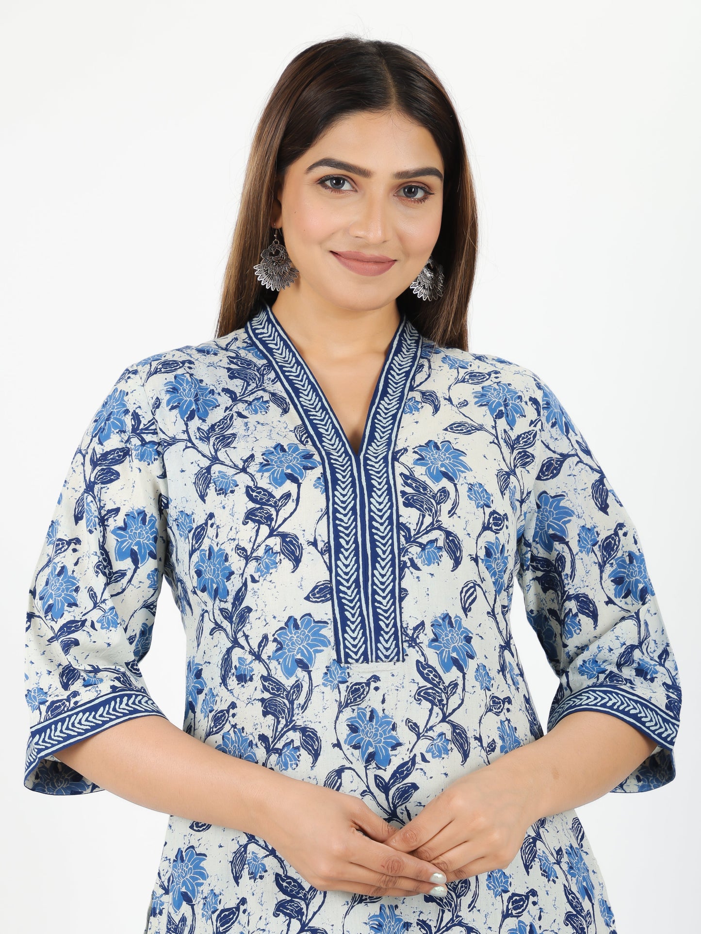 Soft Cotton Floral Straight Blue Kurta