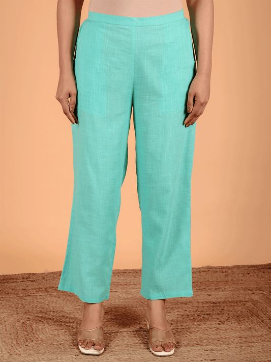 Natural Cotton Solid Green Straight Trousers
