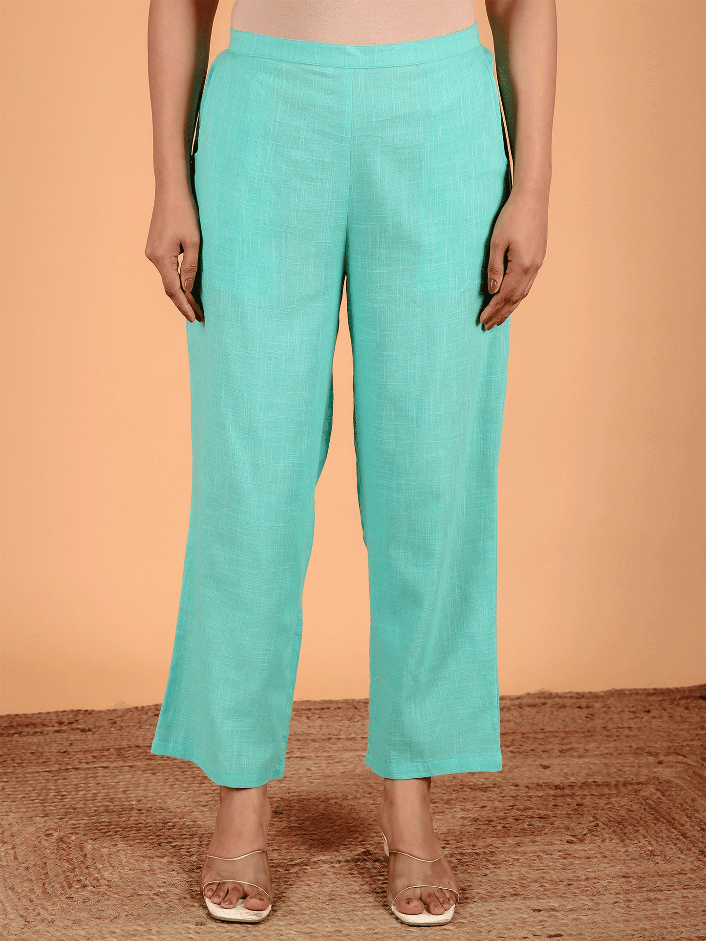 Natural Cotton Solid Green Straight Trousers