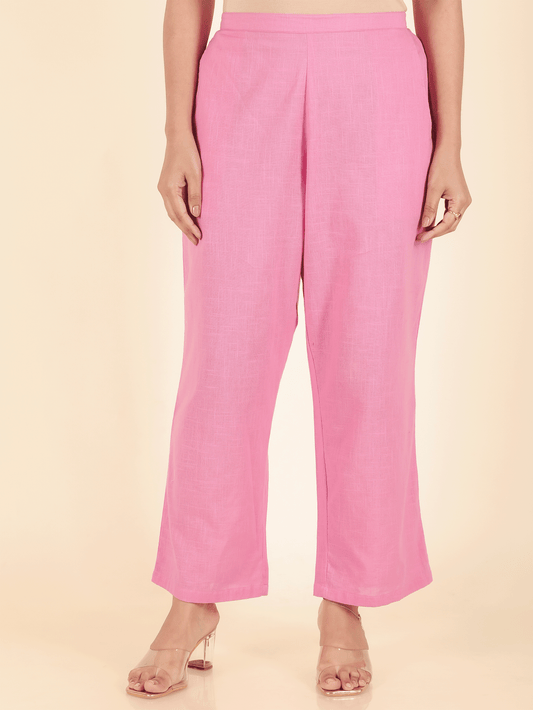 Natural Cotton Solid Pink Straight Trousers