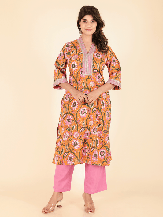 Soft Cotton Floral Straight Yellow Kurta