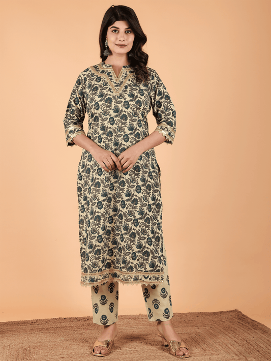 Soft Cotton Floral Straight Blue Kurta