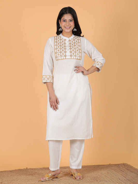 Textured Cotton Woven Design Straight Off-White Kurta