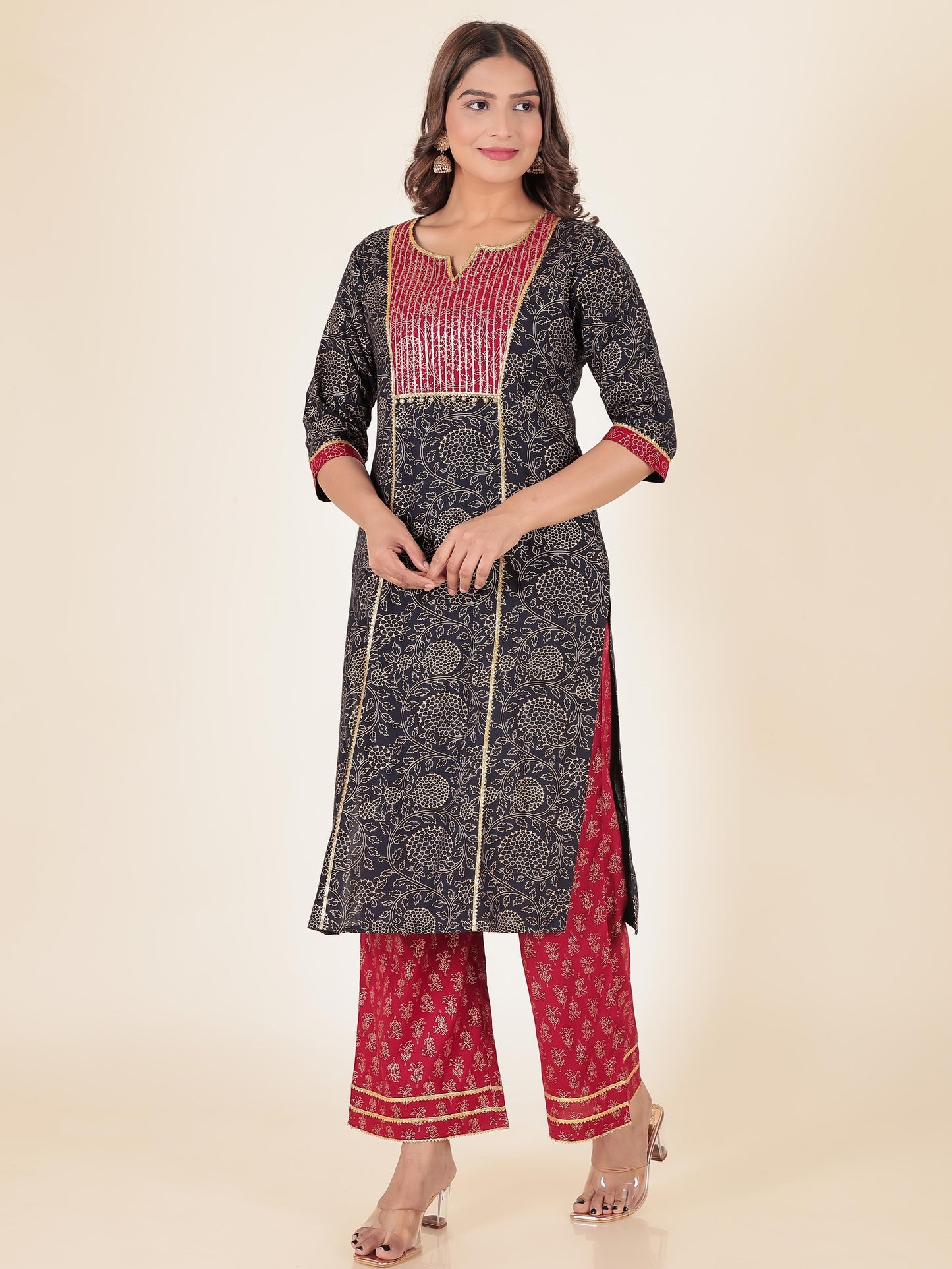 Viscose Gold foil Straight Blue Kurta