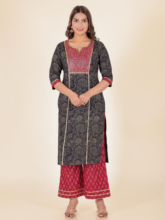 Viscose Gold foil Straight Blue Kurta