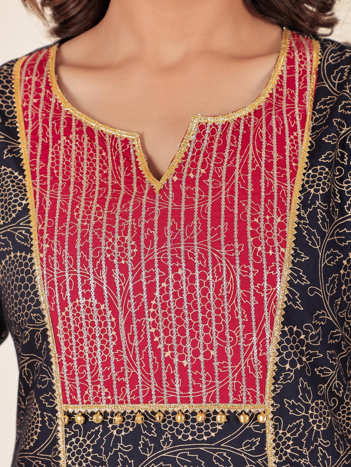 Viscose Gold foil Straight Blue Kurta
