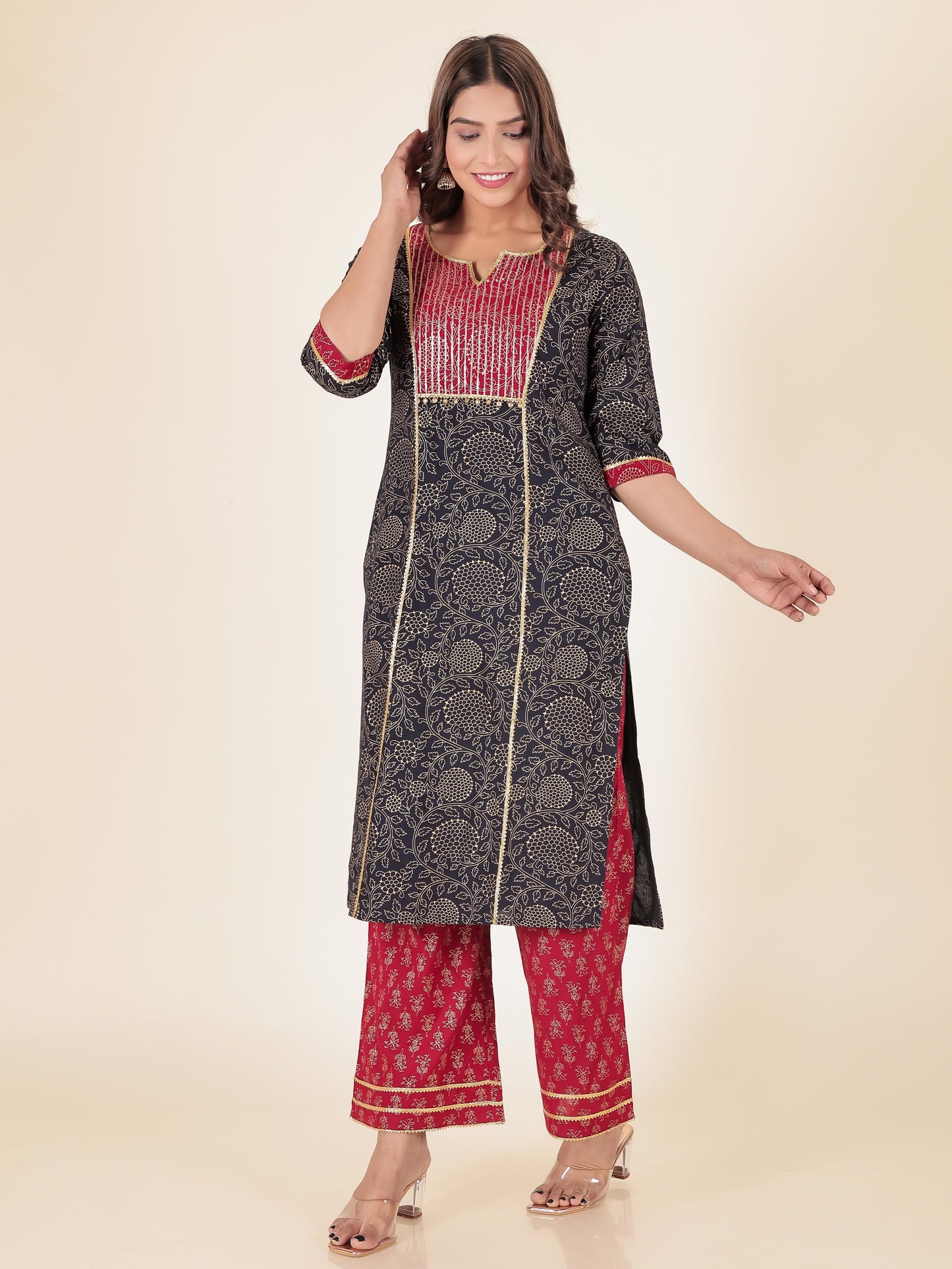 Viscose Gold foil Straight Blue Kurta