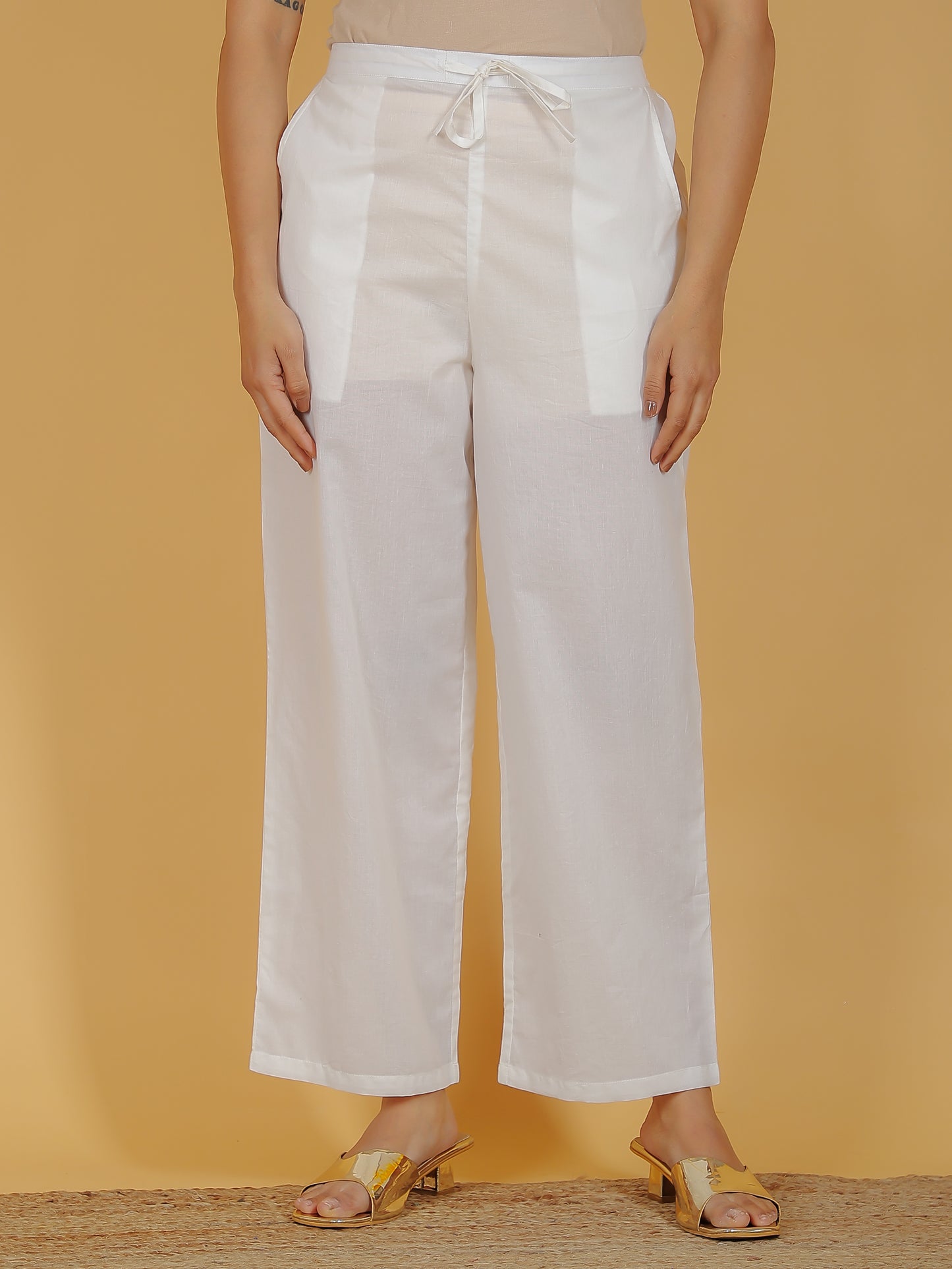 Soft Cotton Solid Off-White Straight Trousers