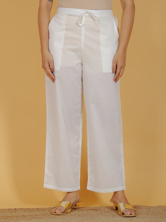 Soft Cotton Solid Off-White Straight Trousers
