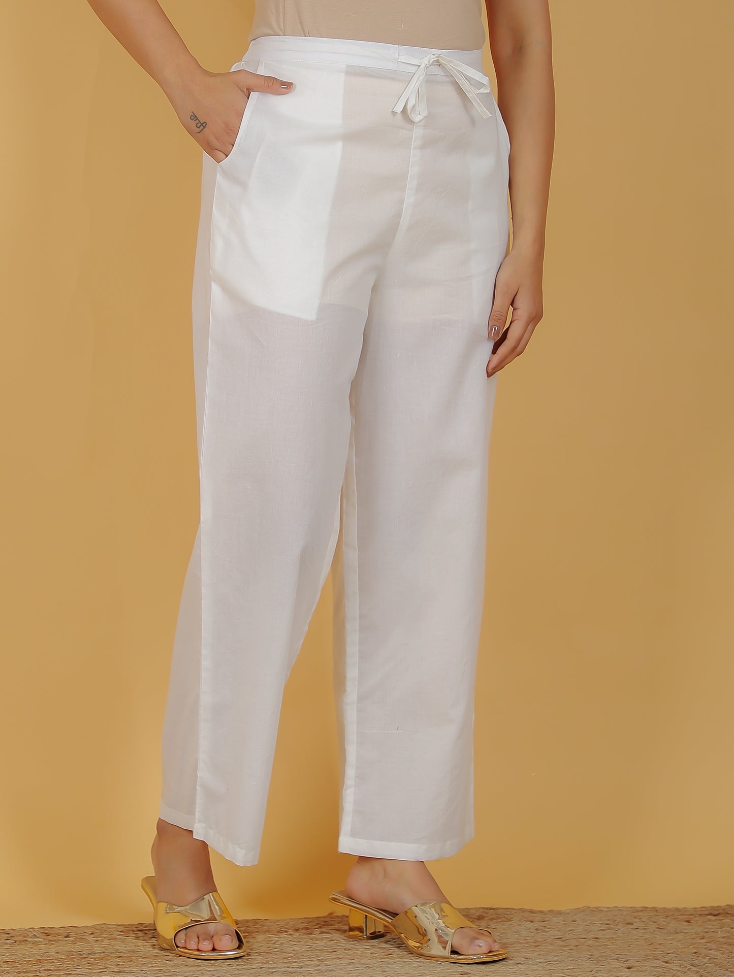 Soft Cotton Solid Off-White Straight Trousers
