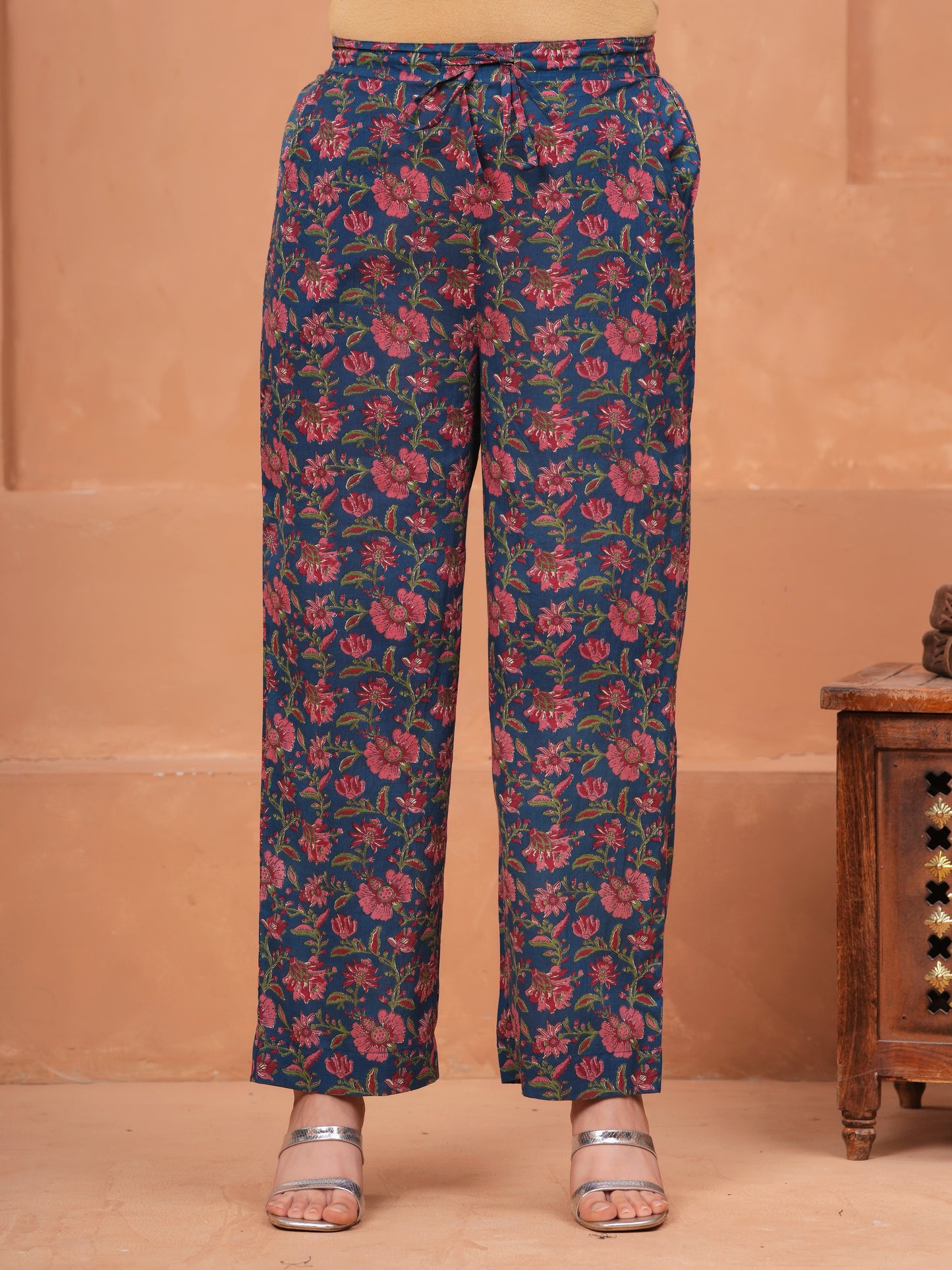 Soft Cotton Block Print Blue Straight Trousers