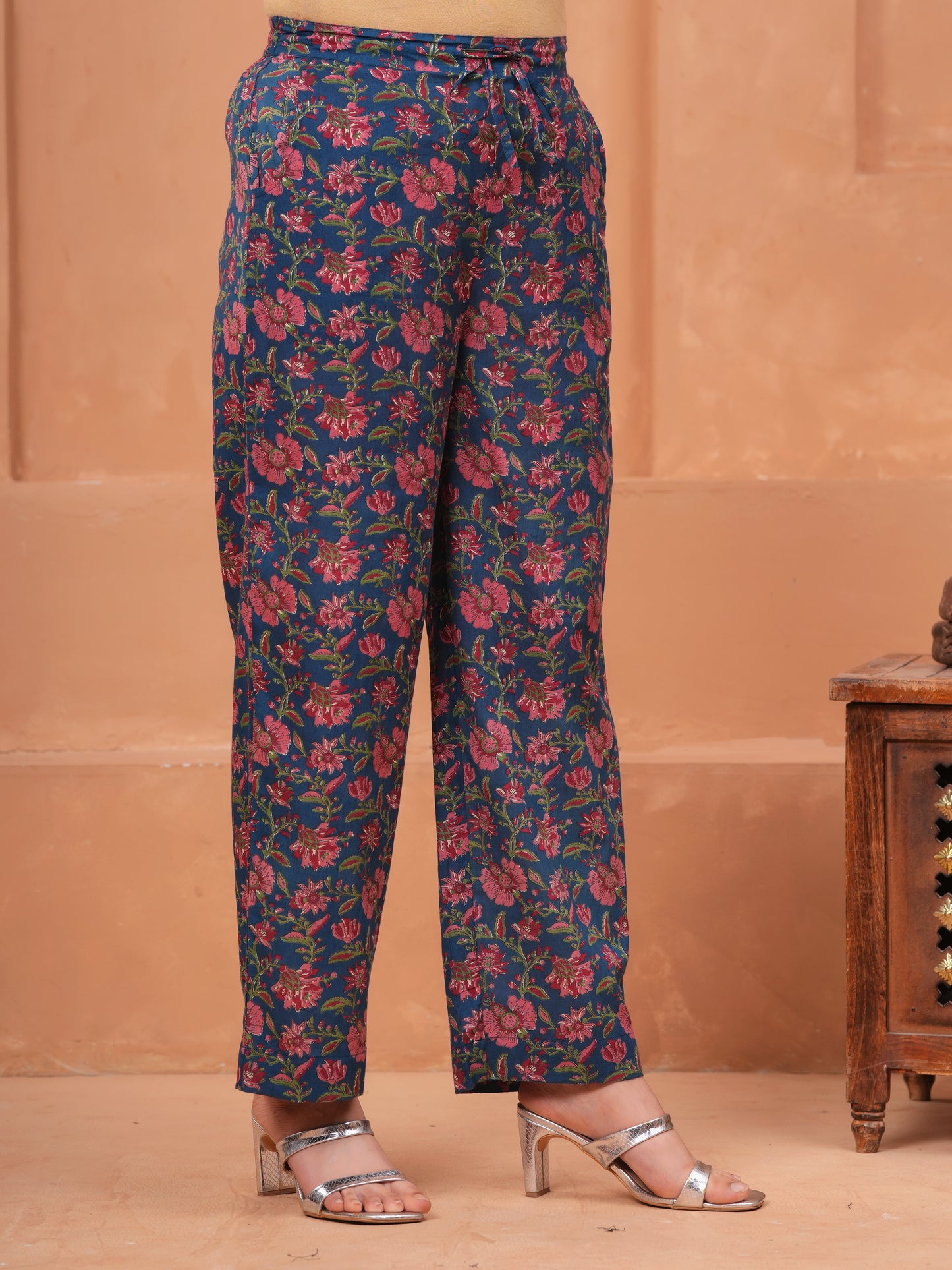 Soft Cotton Block Print Blue Straight Trousers