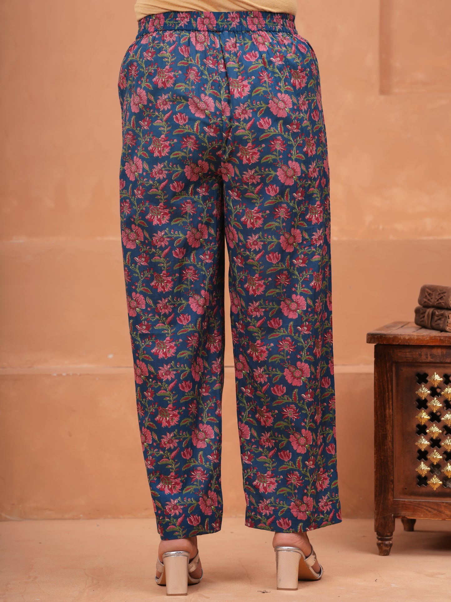 Soft Cotton Block Print Blue Straight Trousers