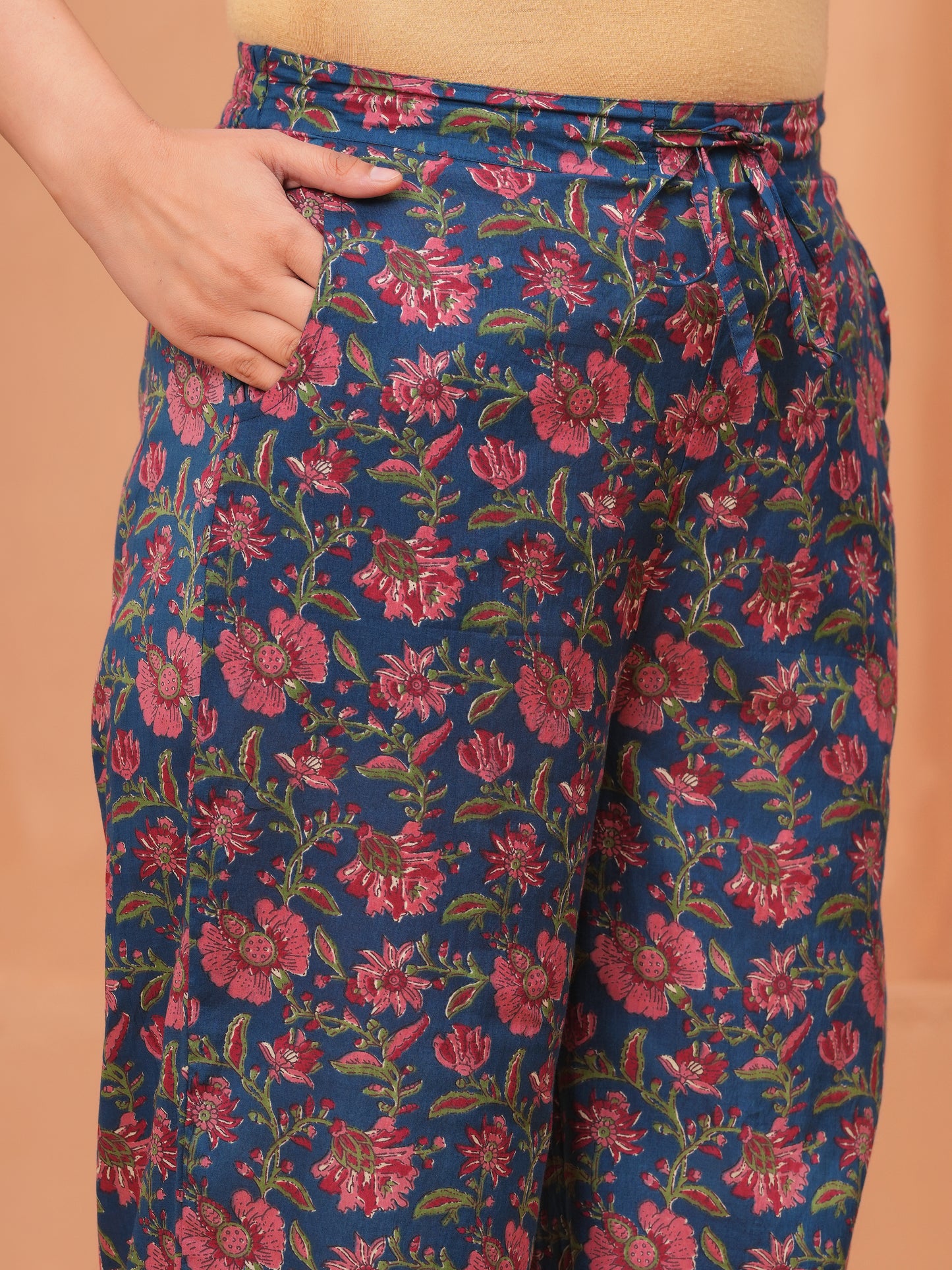 Soft Cotton Block Print Blue Straight Trousers