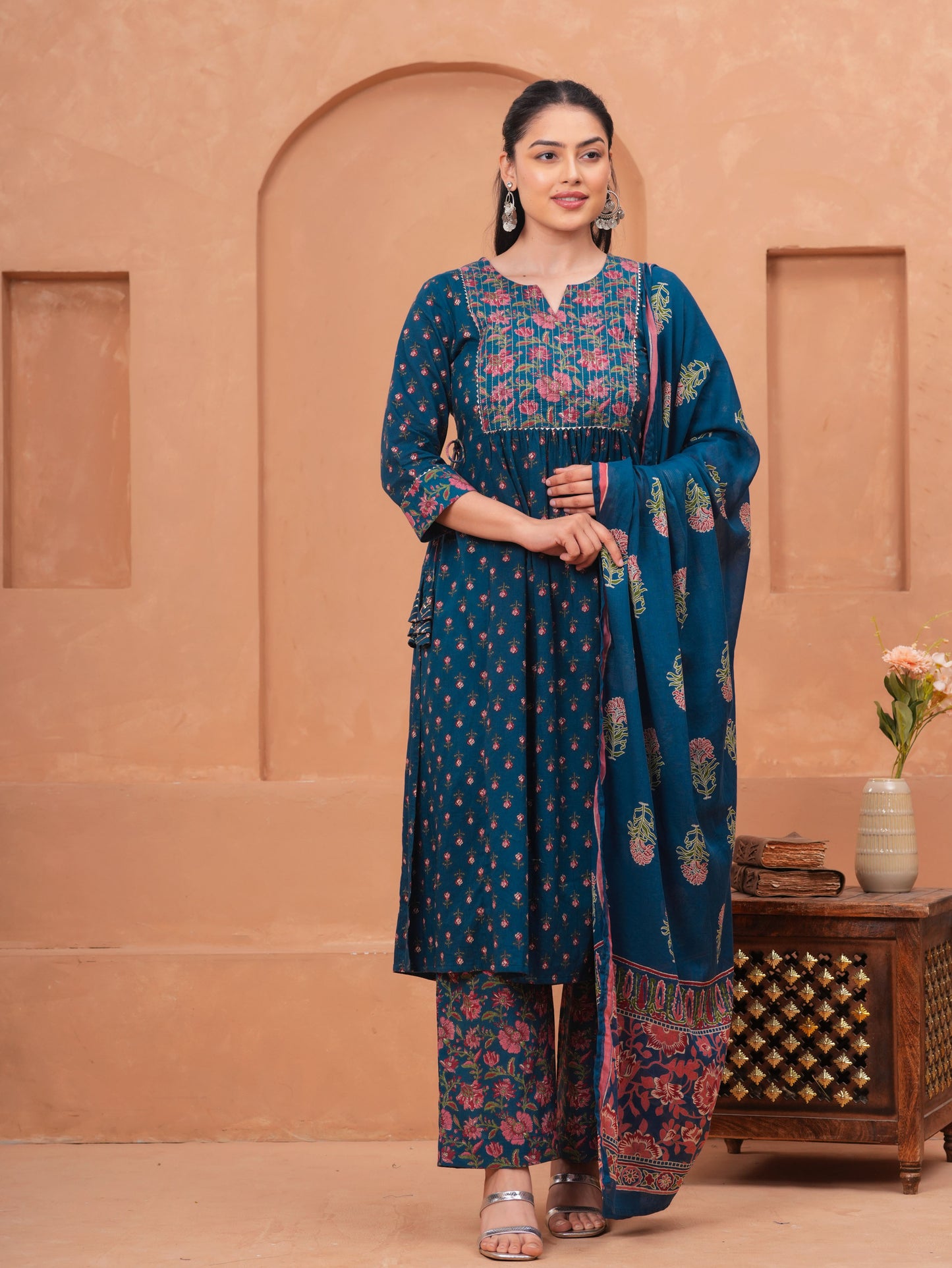 Cotton Voile Floral Blue Dupatta