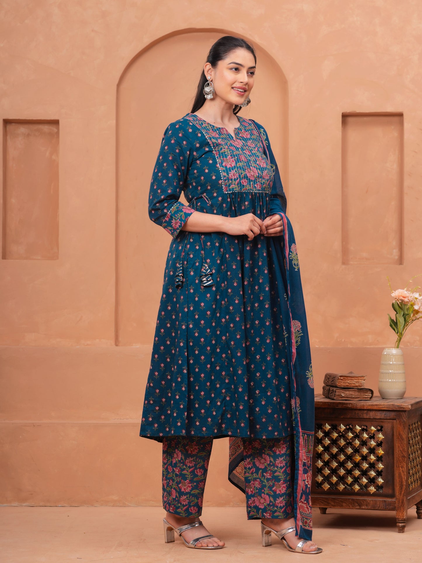 Cotton Voile Floral Blue Dupatta