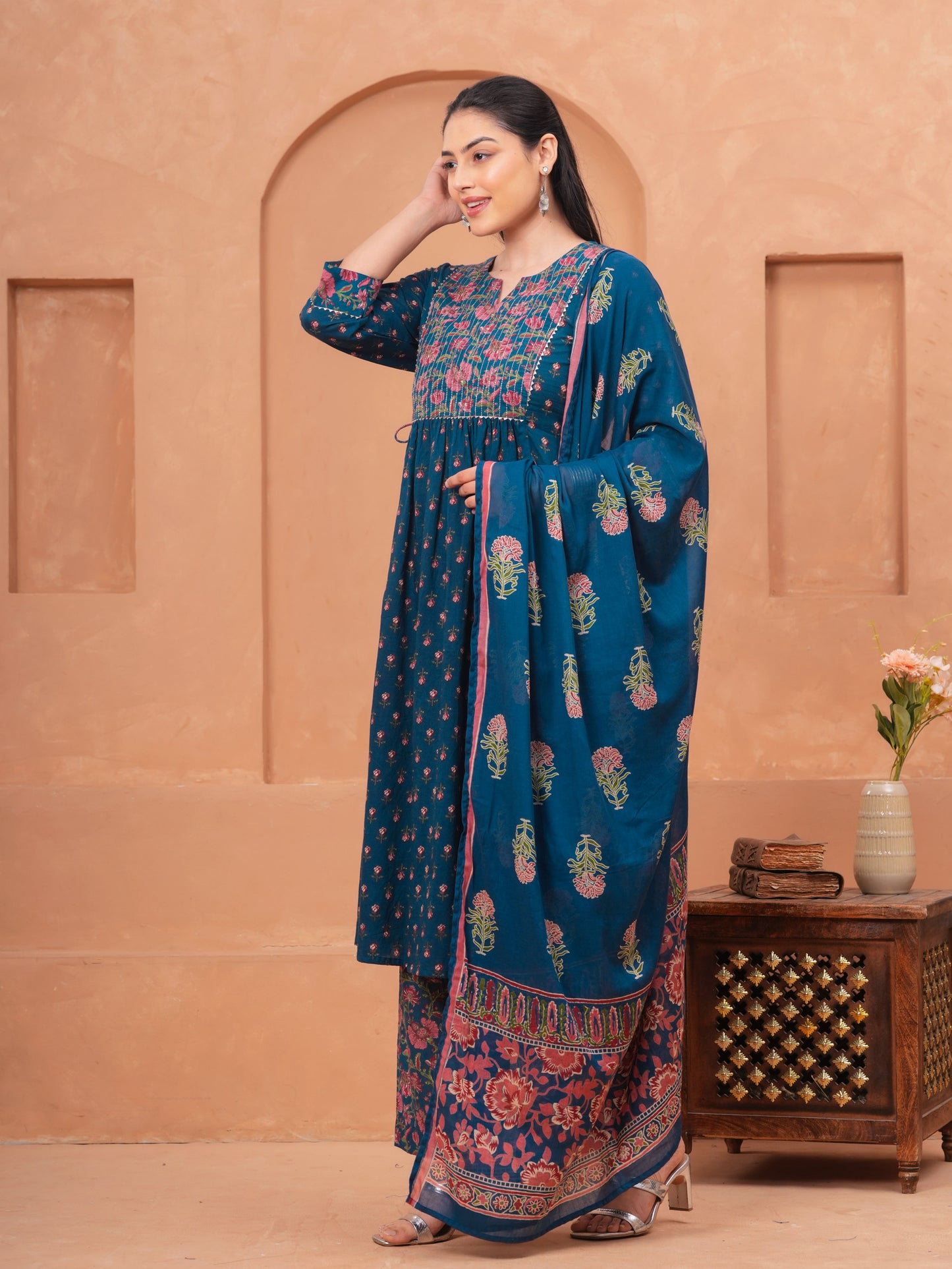 Cotton Voile Floral Blue Dupatta