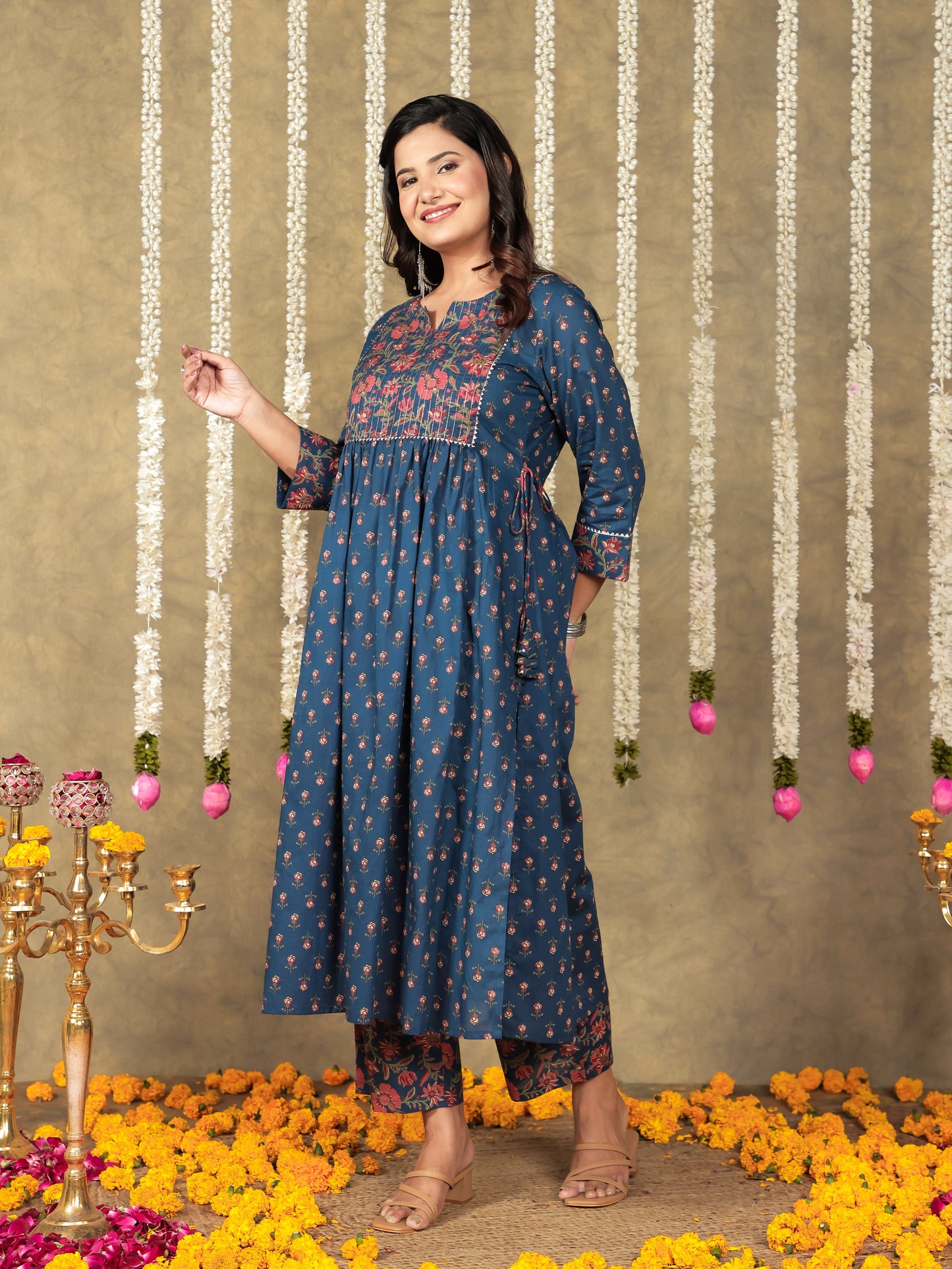 Embroidered Soft Cotton Block A-line Blue Kurta