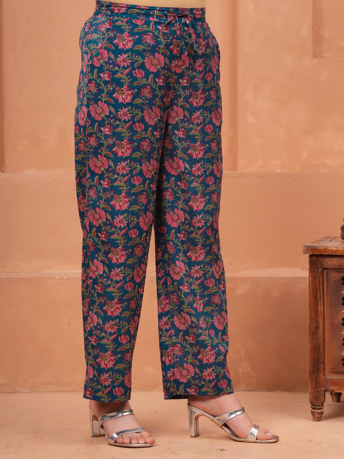 Embroidered Soft Cotton Block Print Flared Blue
