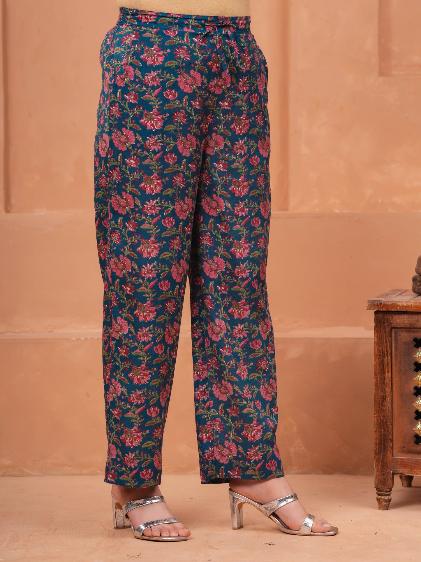 Embroidered Soft Cotton Block Print Flared Blue