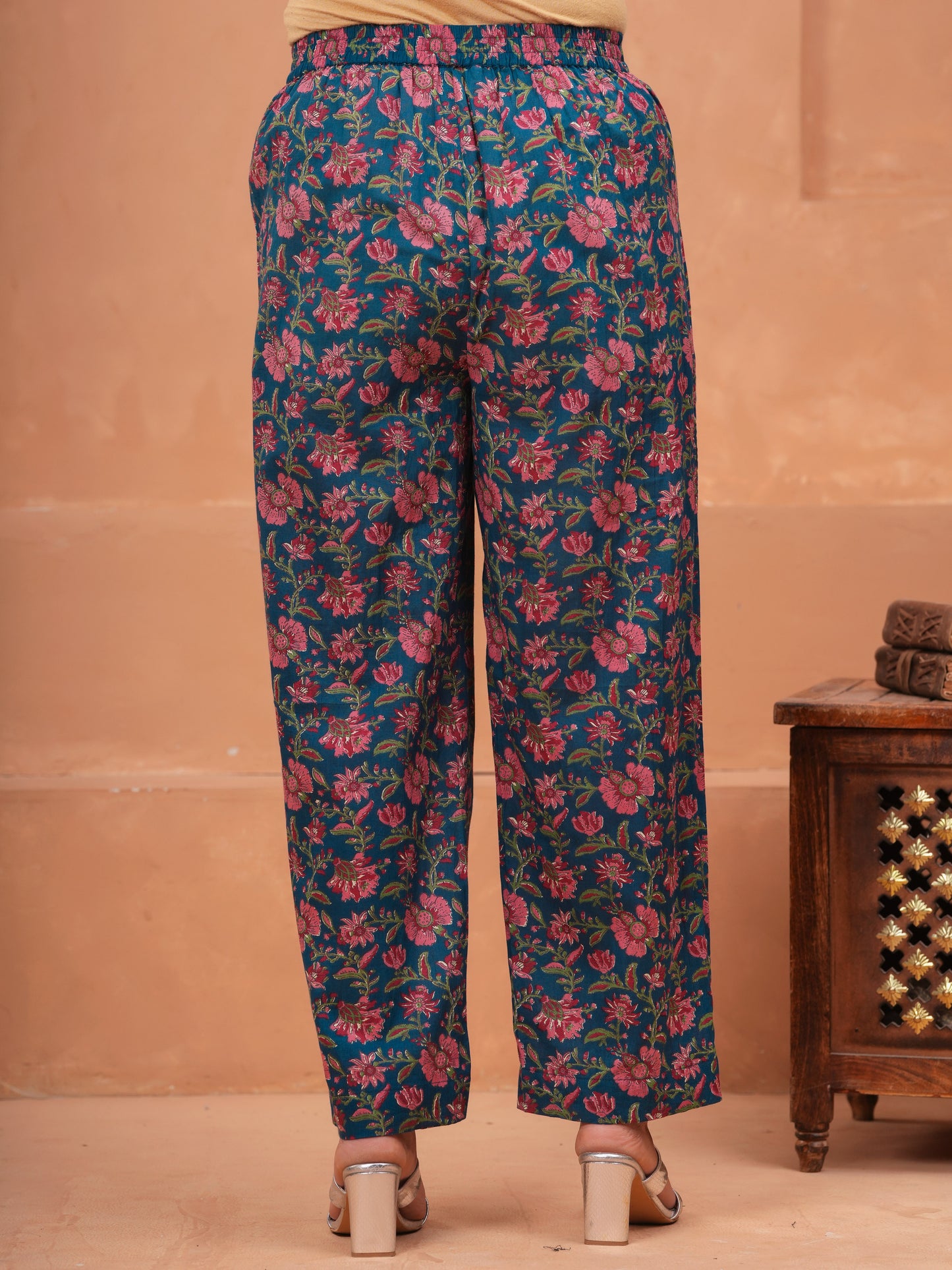 Embroidered Soft Cotton Block Print Flared Blue