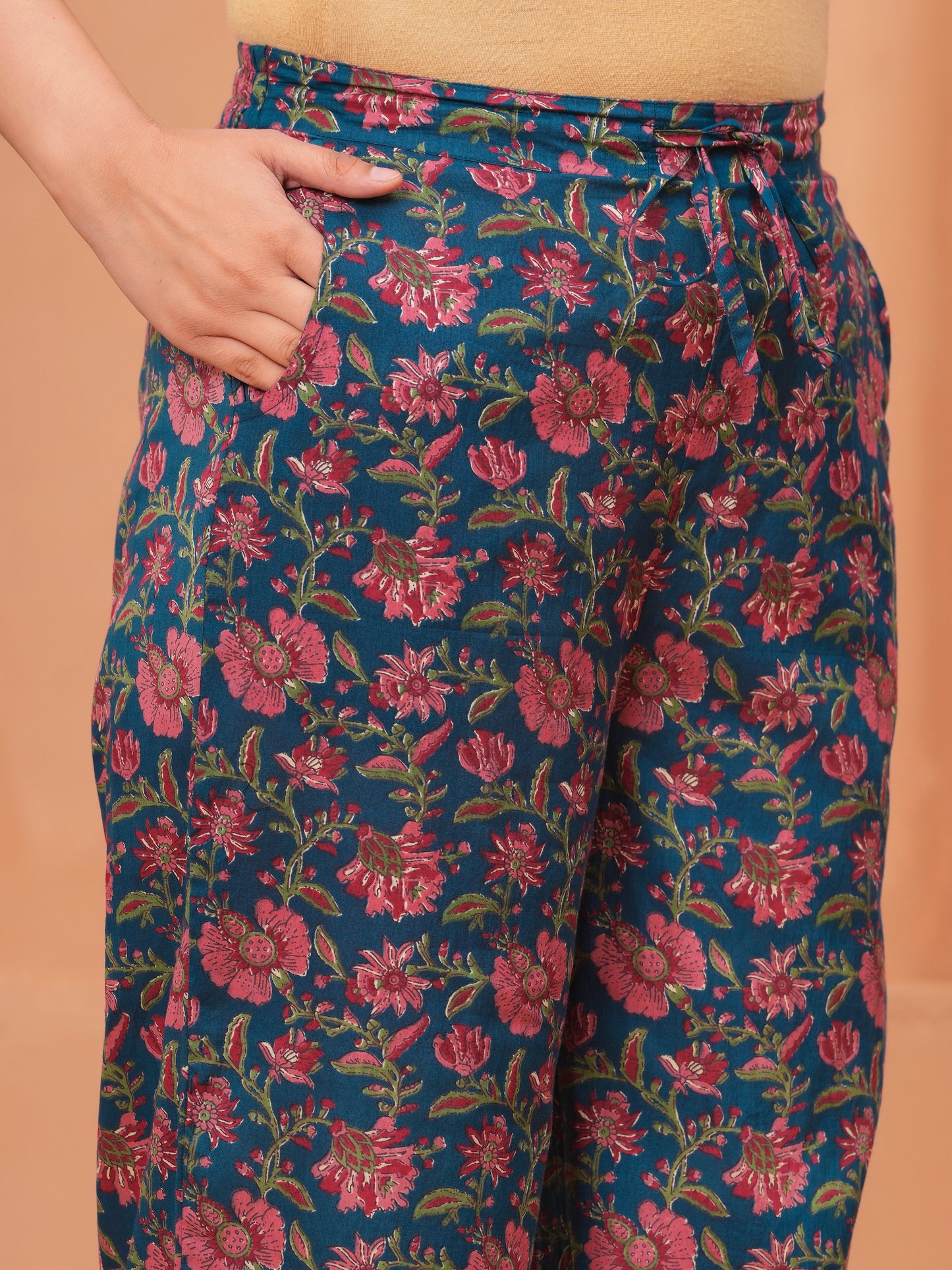 Embroidered Soft Cotton Block Print Flared Blue
