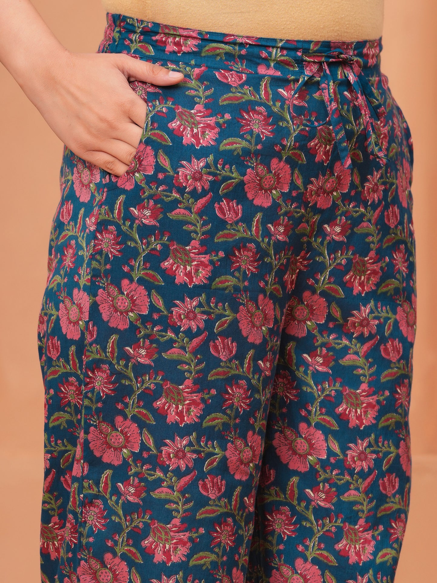 Embroidered Soft Cotton Block Print Flared Blue
