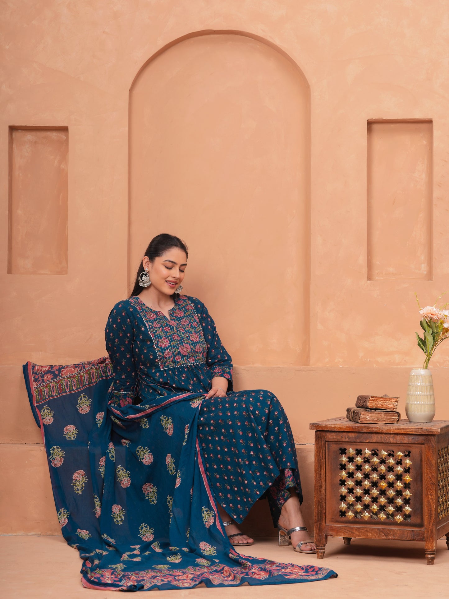 Embroidered Soft Cotton Block Print Flared Blue