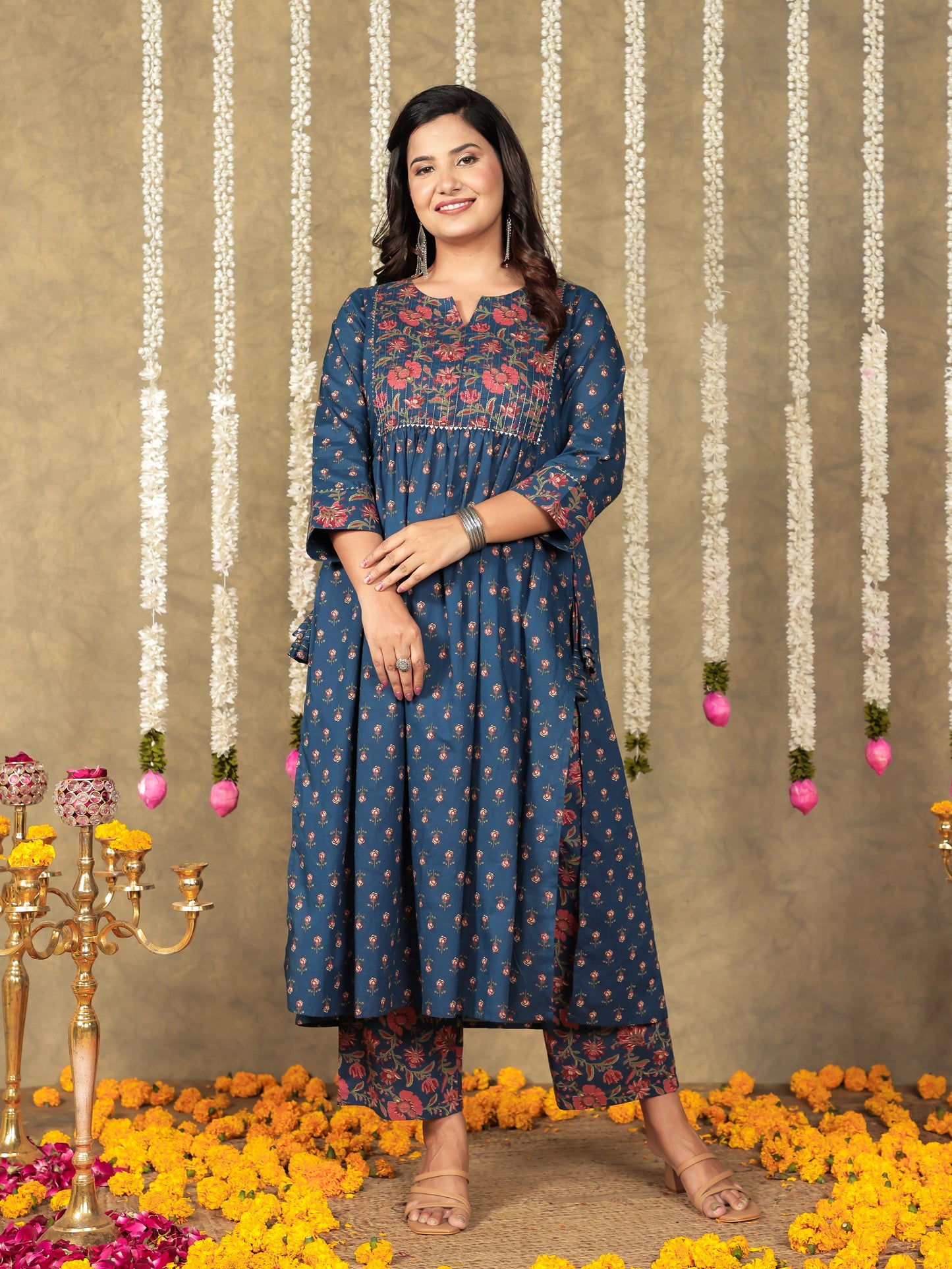 Embroidered Soft Cotton Block A-line Blue Kurta