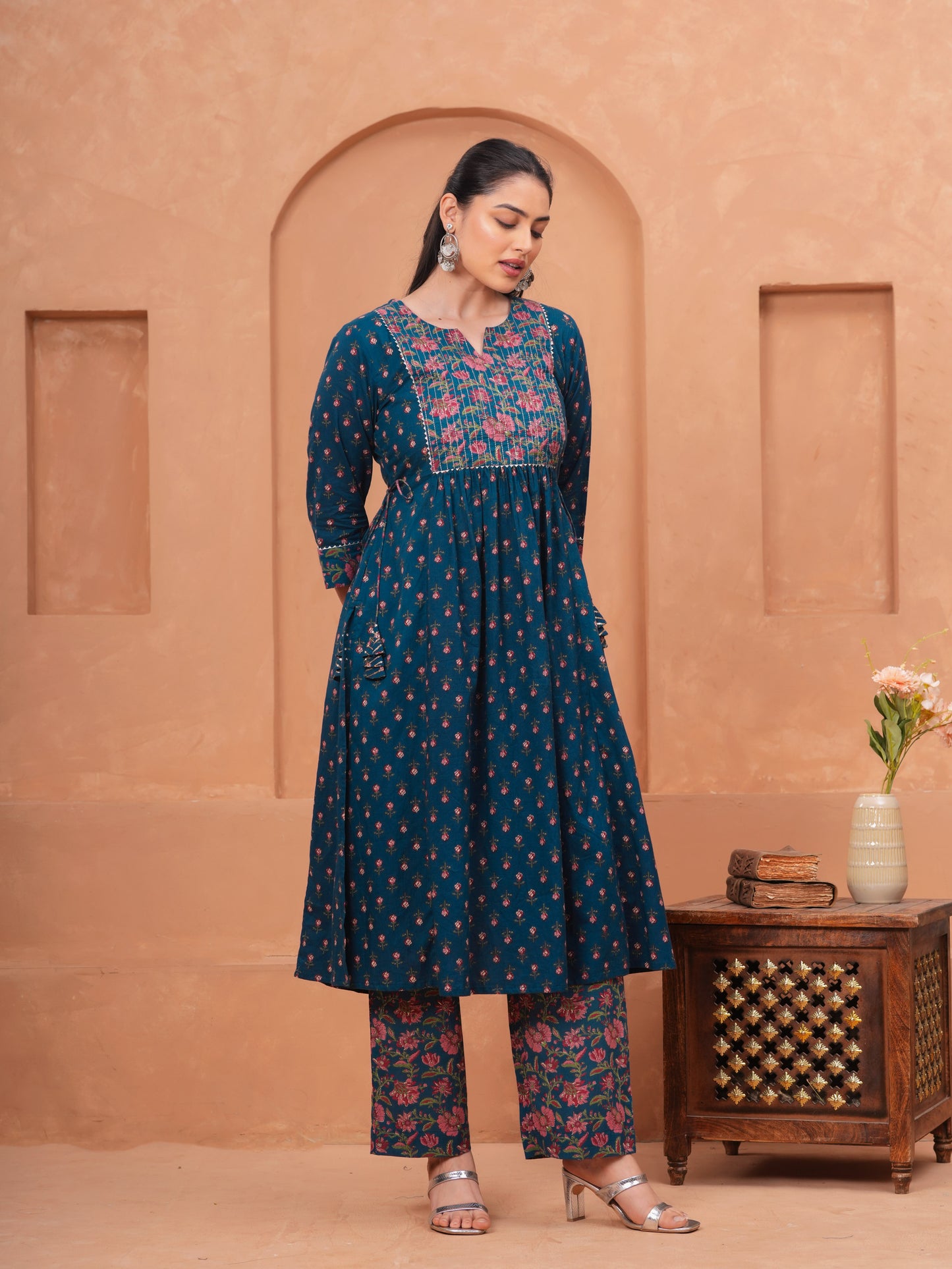 Embroidered Soft Cotton Block Print Flared Blue