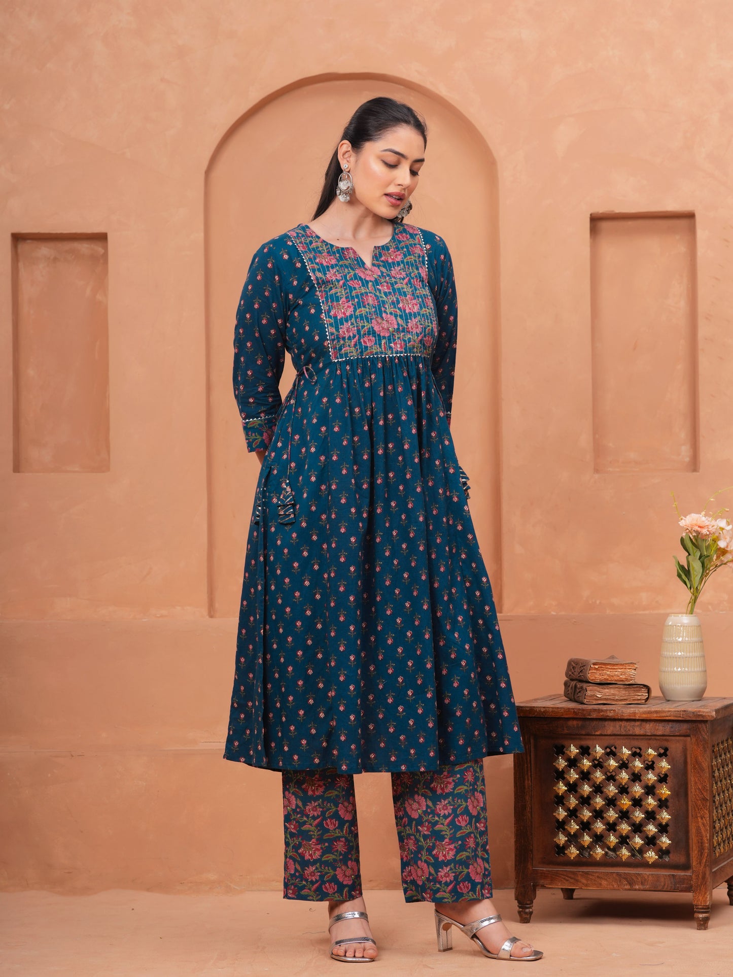 Embroidered Soft Cotton Block Print Flared Blue