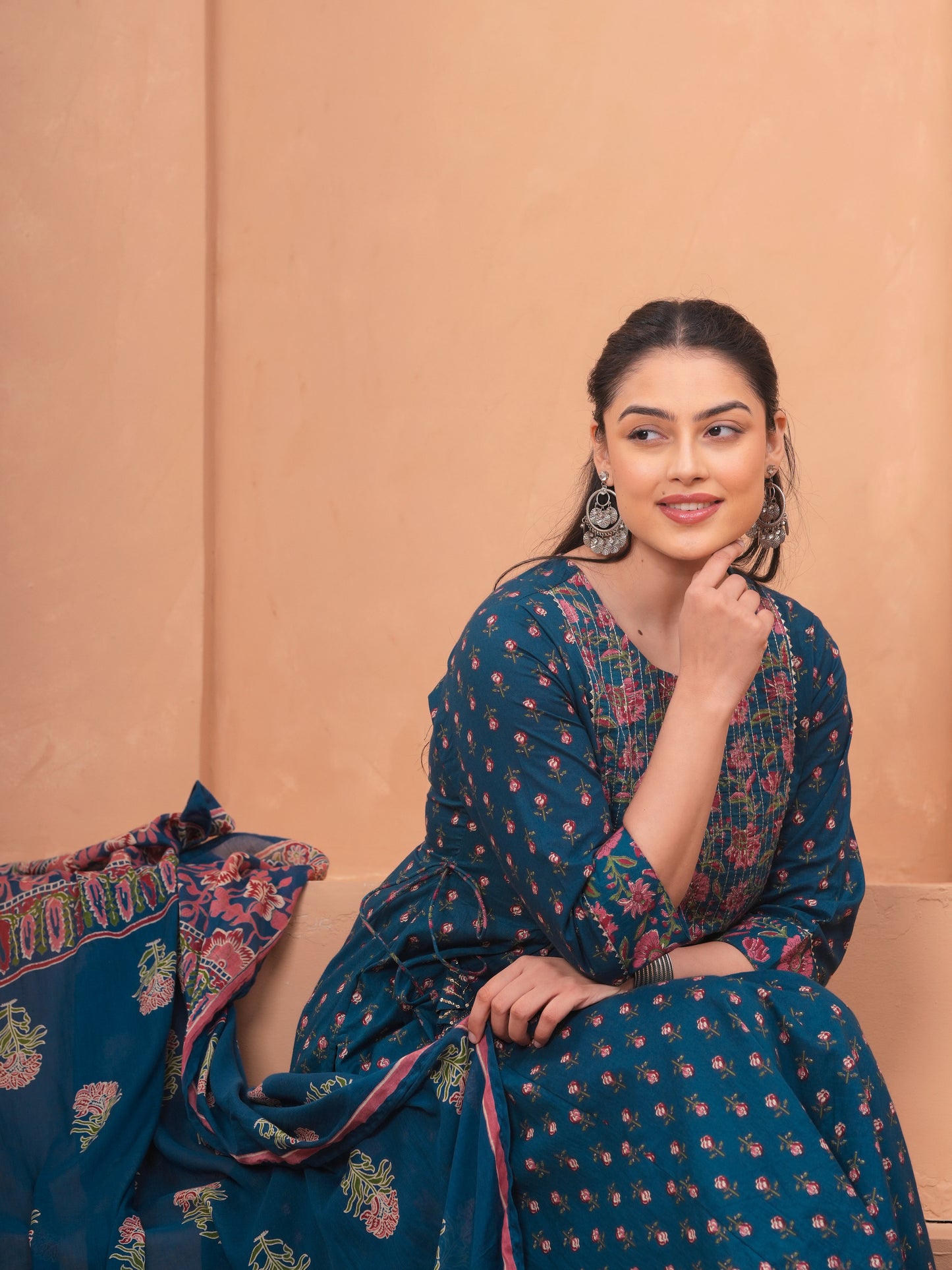 Embroidered Soft Cotton Block Print Flared Blue