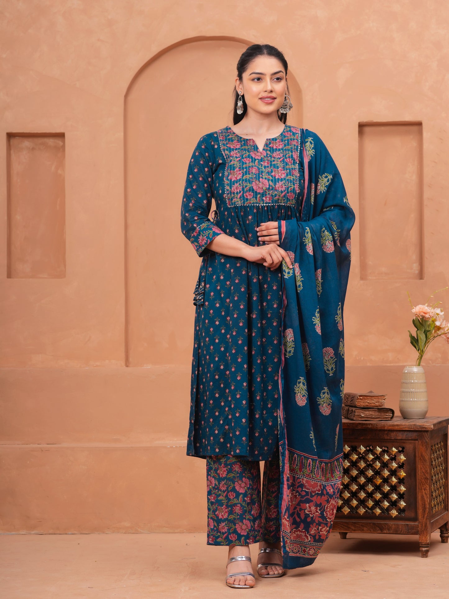 Embroidered Soft Cotton Block Print Flared Blue