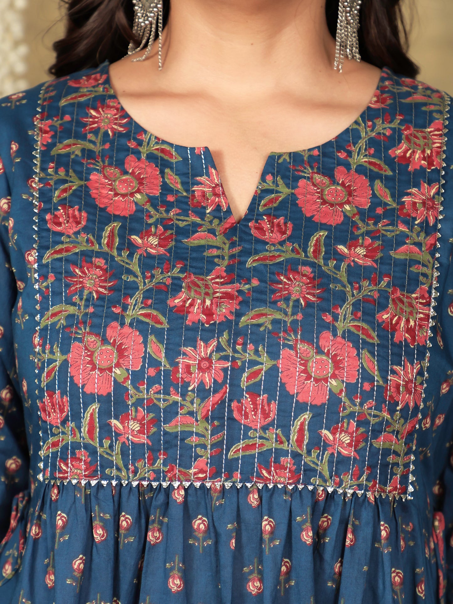 Embroidered Soft Cotton Block A-line Blue Kurta