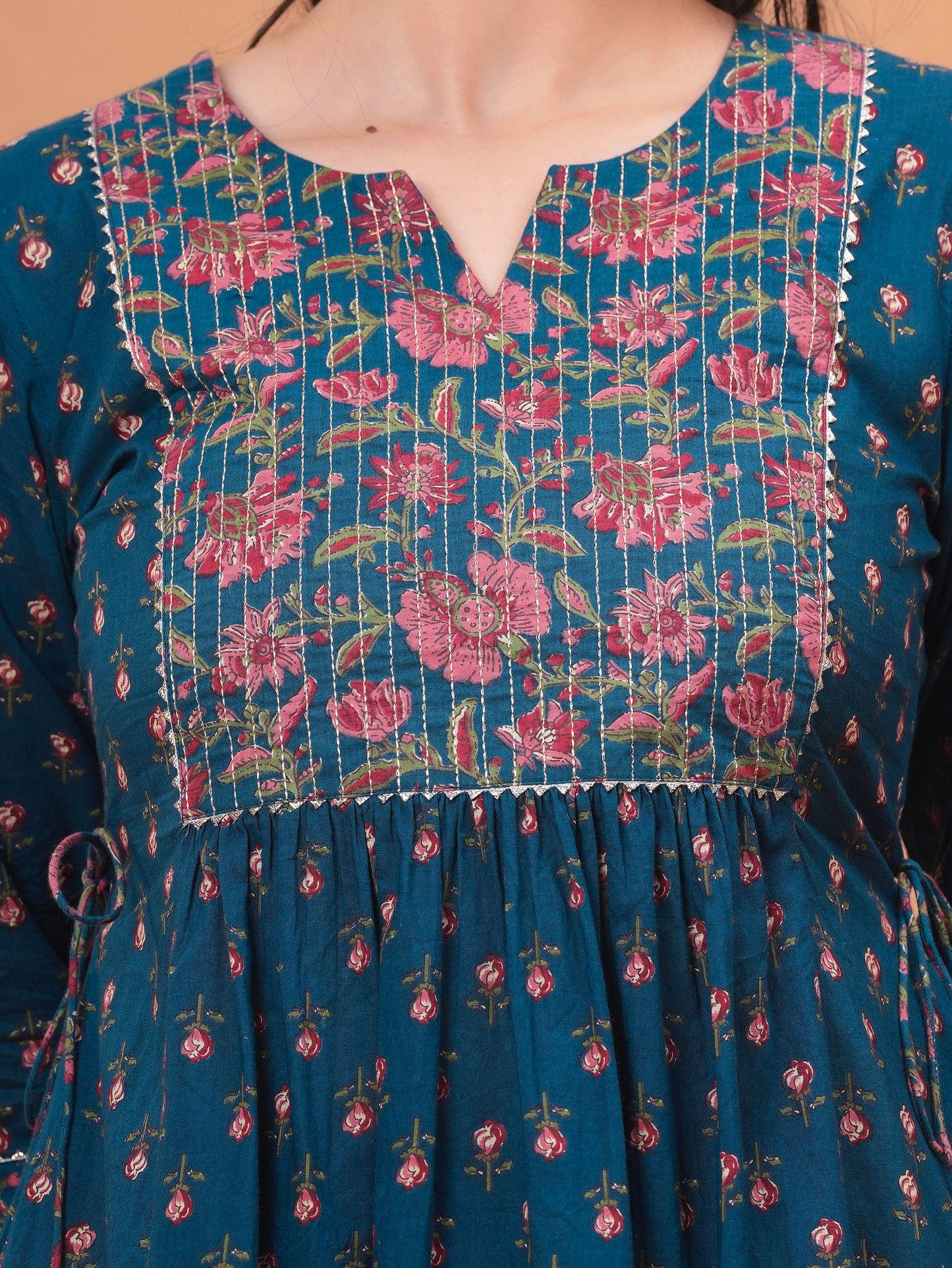Embroidered Soft Cotton Block Print Flared Blue