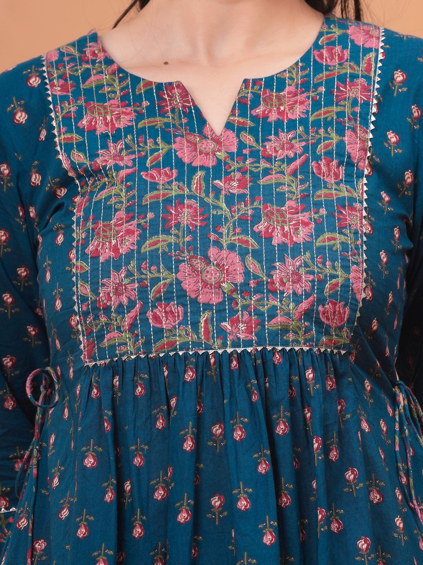 Embroidered Soft Cotton Block Print Flared Blue