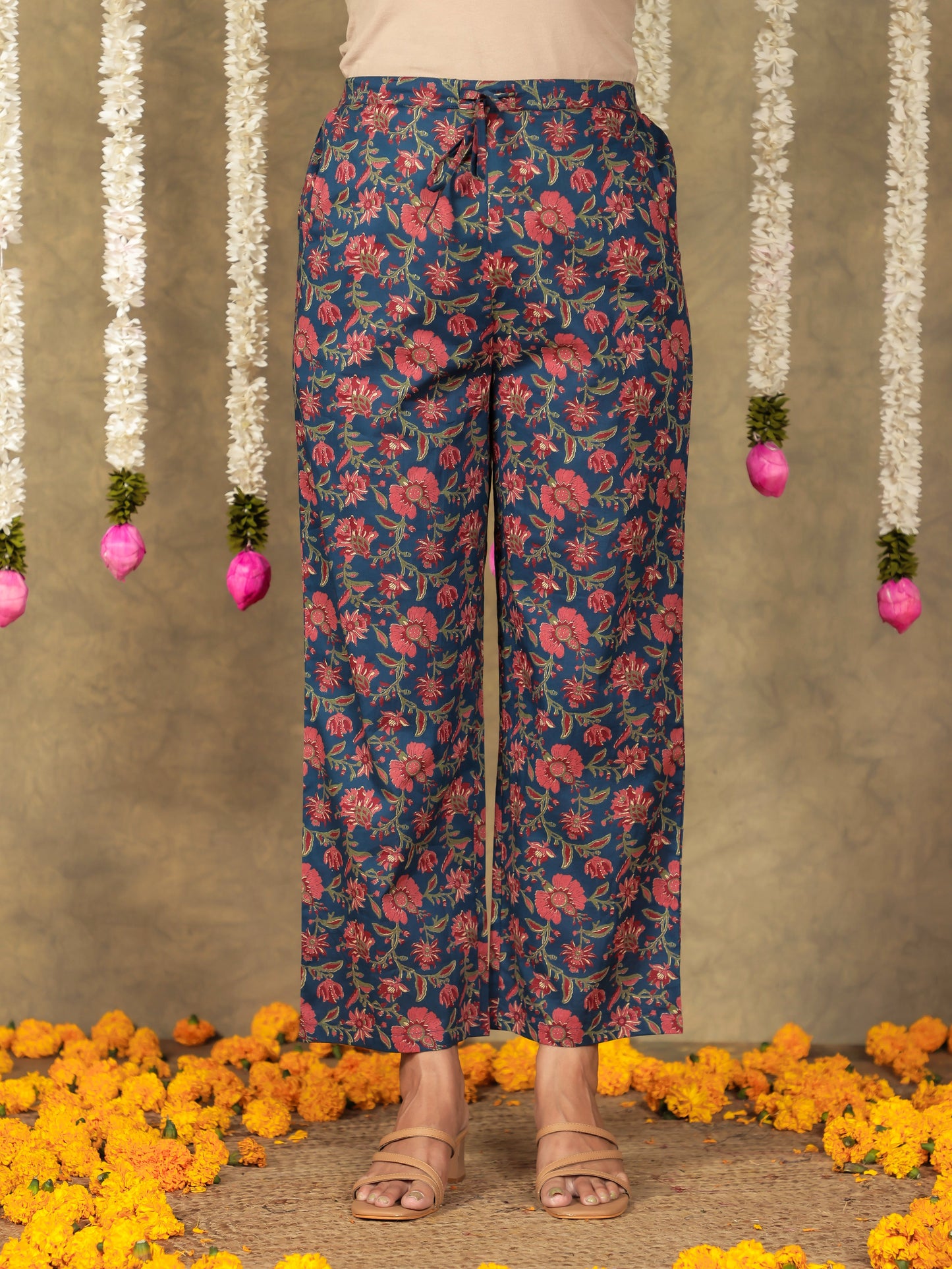 Embroidered Soft Cotton Block A-line Blue Kurta