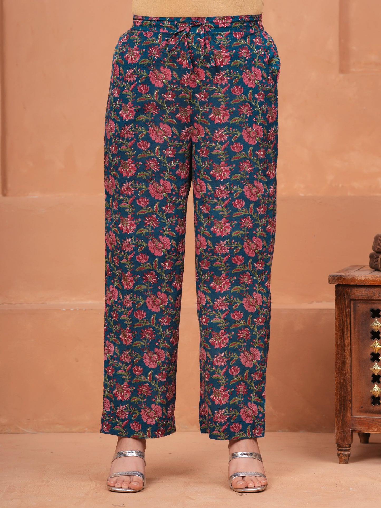 Embroidered Soft Cotton Block Print Flared Blue